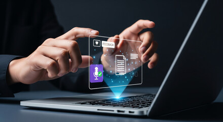 Innovative business technology showcasing a professional managing electronic documents through a glowing holographic user interface