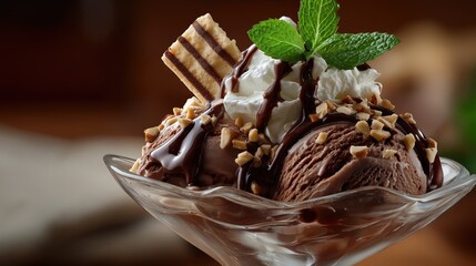 A delicious dessert featuring scoops of chocolate ice cream topped with whipped cream, nuts, chocolate sauce, and a mint garnish.