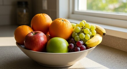 A bowl of fresh fruits including oranges, apples, grapes, and bananas on a kitchen countertop near a window.