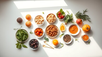 A thoughtful arrangement of nourishing fresh foods, presented in a minimalist overhead composition.