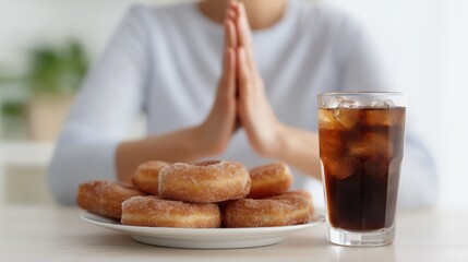 A person with hands in a praying position is positioned behind a plate of donuts and a glass of iced drink, suggesting a moment of gratitude or reflection.