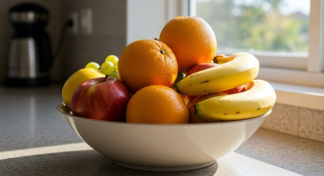 A bowl of fresh fruits including bananas, oranges, apples, and grapes on a kitchen counter near a window.