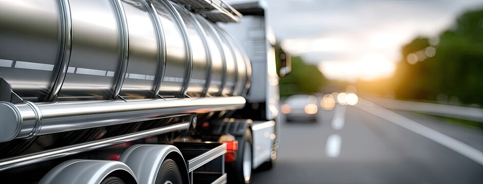 Truck transporting fuel on a highway during sunset, highlighting the shiny surface and motion of vehicles along the road