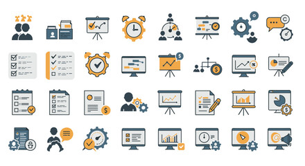Flat style business and productivity icons in blue and yellow palette