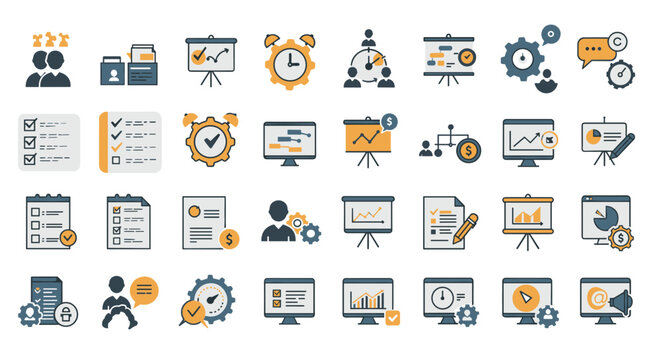 Flat style business and productivity icons in blue and yellow palette