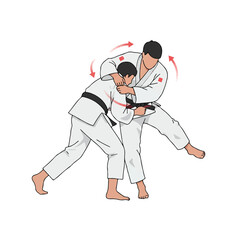 Dynamic flat 2D vector illustration captures judokas skillfully executing a training movement, highlighting martial arts precision and discipline on a plain white background.