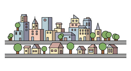 Obraz premium Flat vector illustration of a modern urban city skyline with tall skyscrapers, small houses, and a clean minimalist background design.
