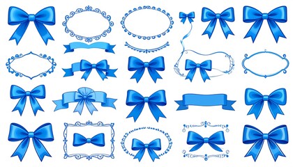 A collection of decorative blue bows and ribbons with ornate frames and borders, perfect for crafting projects, gift wrapping, or design elements.