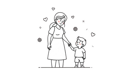 Minimalist line art vector illustration of a mother and child. Elegant, modern, and emotional design suitable for posters, wall art, logos, greeting cards, motherhood concepts, maternity themes