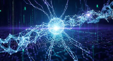 Abstract glowing neural network with digital data streams