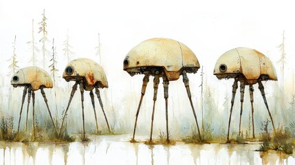 Mechanical Creatures in Tranquil Marshland A Watercolor Painting