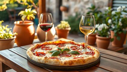 Delicious traditional pizza with pepperoni and basil served with red and white wine on a rustic outdoor patio