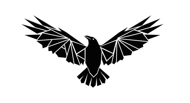 A stylized black raven with geometric wings spread wide against a white background.