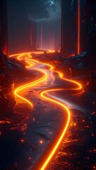Neon river through a dark, futuristic landscape