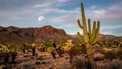 A saguaro cactus stands tall against a backdrop of red rock mountains and a pale moon, bathed in the soft light of the desert twilight.