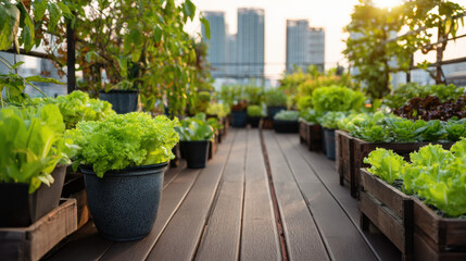 Lush green lettuce and vibrant plants thriving in urban rooftop garden with wooden decking surrounded by city skyline at golden hour sunlight.
