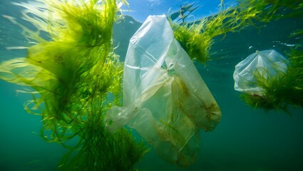 Floating trash mixed with algae
A polluted water surface where various plastic waste and bottles are floating entangled with green algae, showing the negative impact of human activity on the aquatic e