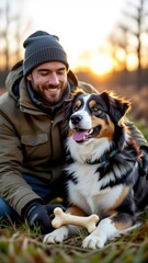 Dog chewing on giant bone, joyful Australian Shepherd with black, white, tan coat. Pets enjoying warm sunset, cozy atmosphere. Concept of dog chewing on giant bone highlights playfulness.