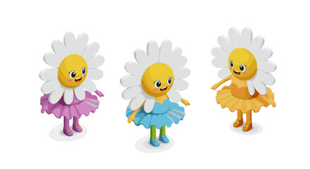 Colorful flower characters in playful dance outfits with cheerful expressions