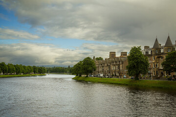 View of Inverness in Scotland from a bridge over the River Ness.
