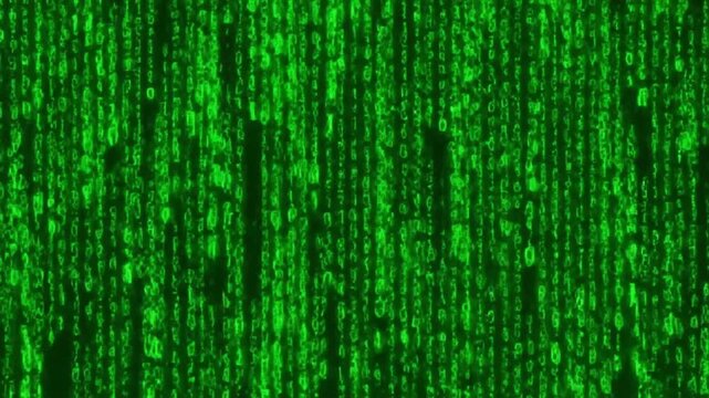 Abstract digital rain of green binary code cascading down a dark background.