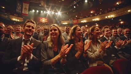 People clapping at event in crowded theater hall with bright stage lights, concept of celebration and collective joy
