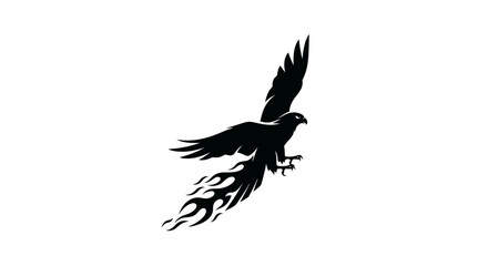 Obraz premium A striking black silhouette of a bird of prey with fiery tail feathers in mid-flight against a white background.