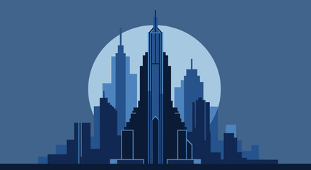 Obraz premium Futuristic blue cityscape silhouette with skyscrapers against moonlit backdrop