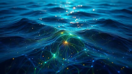 Abstract bioluminescent ocean waves with glowing particles