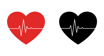 Heartbeat symbols with electrocardiogram line in red and black heart shapes