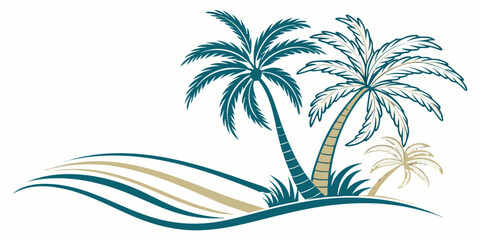 Obraz premium Serene Teal and Beige Palm Tree Illustration: Tropical Island Paradise, Stylized Beach Scene, Vacation Relaxation, Summertime Mood, Coastal Design Element.