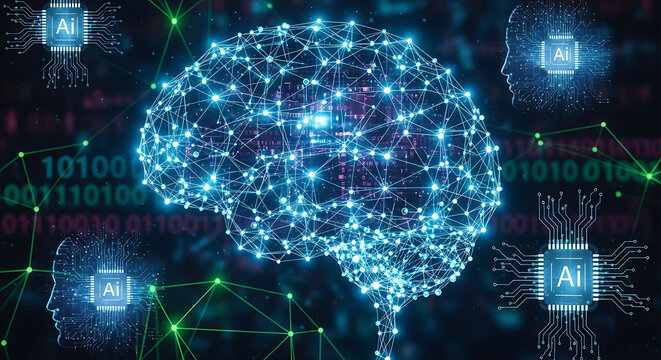 Digital brain network with glowing circuits and data streams