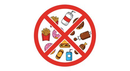 No junk food concept with flat design icons and red prohibition symbol