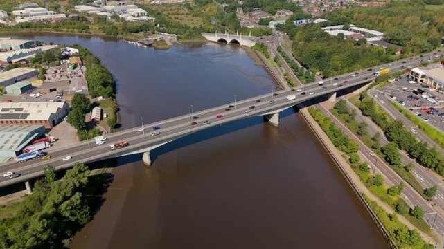 Newcastle upon Tyne UK: 15th Aug 2025: Drone view of the A1 motorway Blaydon Bridge crossing the River Tyne in Newcastle Part 1