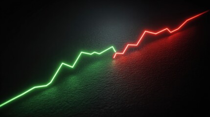 Neon Progress Graph: The dynamic depiction of a financial indicator, illuminated by vibrant neon lights, showing fluctuating upward trend, against a dramatic, dark backdrop.