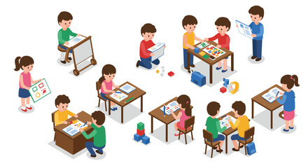 Isometric children engaged in montessori activities and learning in a classroom setting