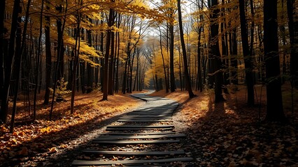 Forked path in autumn forest with dramatic lighting, symbolizing choice and golden leaves.