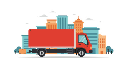 Red delivery truck in cityscape with colorful buildings and trees