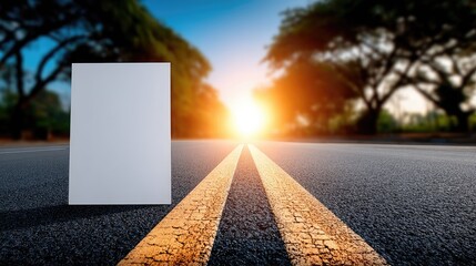 Bright sunset illuminates an empty road with a blank canvas positioned in the foreground, inviting creativity and inspiration