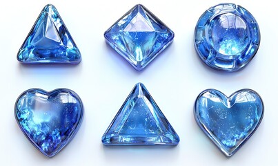 Fototapeta premium Blue gem shapes on white background. Glossy, 3D render