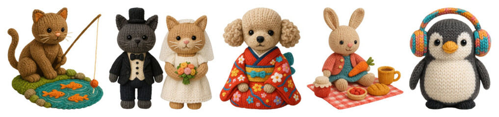 PNG Adorable crochet animal figures, element set on transparent background