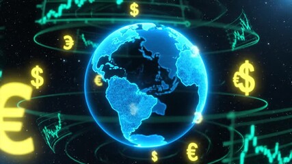 Global Finance Currency Symbols Orbiting a Digital Earth with Market Graphs - Powered by Adobe