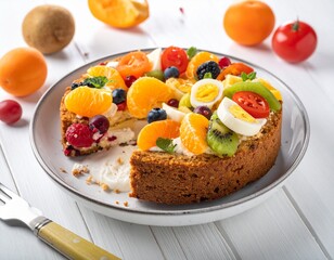 Delicious fruit tart with fresh berries, kiwi, and oranges ready to enjoy on a sunny day