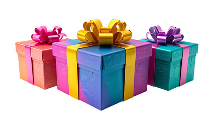 Obraz premium Colorful gift boxes gleam with ribbons and bows on a transparent background. Perfect for product mockups and holiday posters.