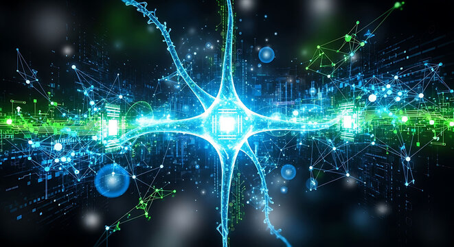 Vibrant neural network pulsating with electric blue and green energy