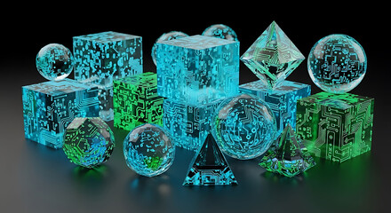 Collection of glowing translucent geometric resin shapes with internal bubbles