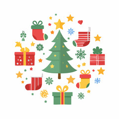 Flat vector icon set of Christmas elements including gifts, trees, stockings, stars and snowflakes. Designed in modern style with soft colors. Perfect for apps, infographics, packaging, and digital te
