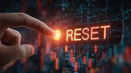The Call to Reset: A close-up shot depicts a person's finger poised to press the 'RESET' button. The glowing word against a backdrop of data visualization implying starting anew and fresh perspective.