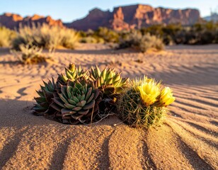 Desert Bloom: Succulents and Cactus in Golden Hour Light, Southwestern USA