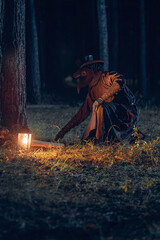 Mysterious plague doctor kneels amidst a dark forest, illuminated by lantern light.